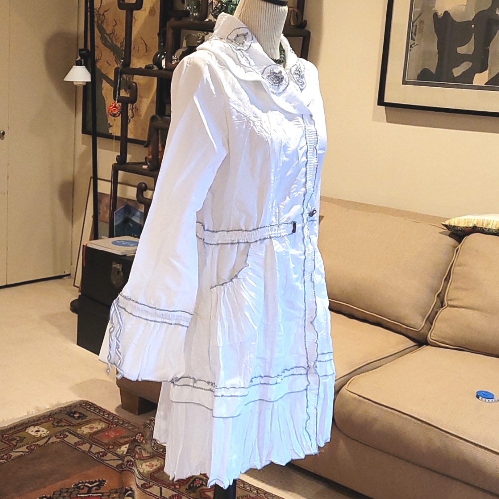 White Women's Ruffled Trench-Style Blazer Jacket